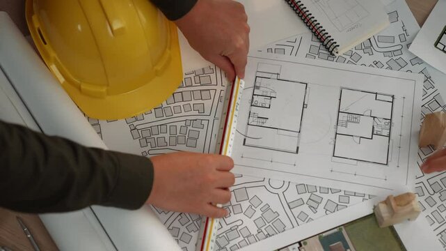 Architect and safety engineer discussion about building construction use blueprint on table with architectural document, measurement tool and wooden block scatter around at modern office. Delineation.