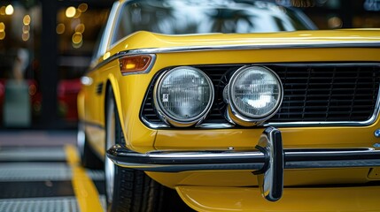 A close-up view of a vintage yellow car showcasing its headlights and sleek design.