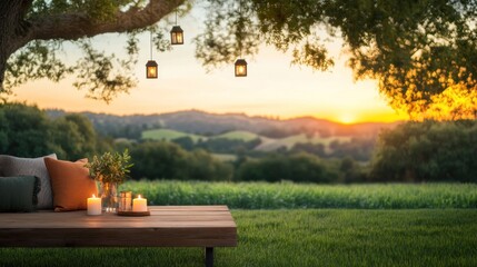 Fototapeta premium Evening relaxation in a scenic countryside outdoor lounge area nature setting sunset view cozy for tranquility