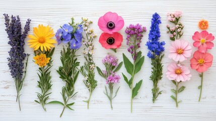 Colorful summer flowers with green leaves arranged in rows on white wooden planks, creating a vibrant and cheerful display