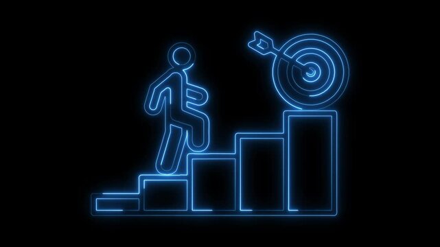 Neon Animation of a Person Climbing Stairs Toward goal of blue color, Representing Success, goal achiever Success icon animation with neon shine concept