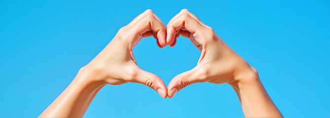 Fototapeta premium Hands forming heart shape against blue sky