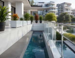 Fototapeta premium Balcony with white glass railings and water feature in the background, balcony, outdoor space