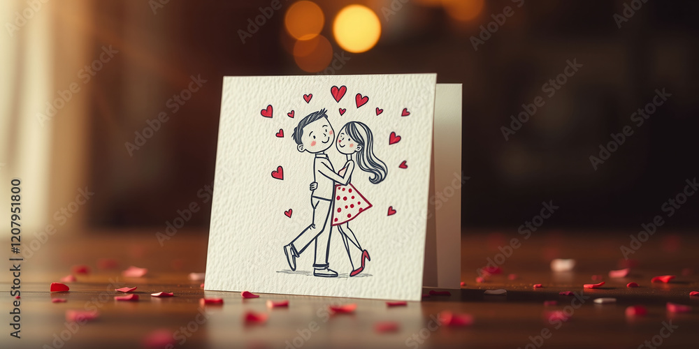 Poster a couple is shown hugging each other in a card with hearts. the card is on a table with red confetti