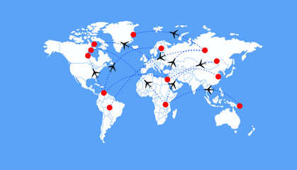 Dotted Direction Paths And Map Pointers Over World Map., Airplanes World Map, Vector illustration 