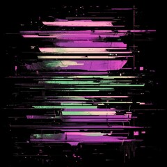 Abstract glitch art with horizontal lines in purple, pink, and green on black background.