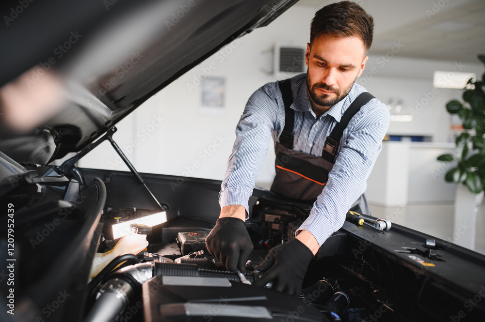 Aufkleber troubleshooting process. auto mechanic working in garage. repair service