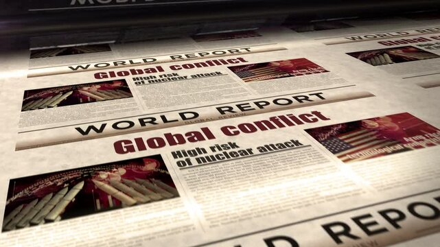 Global conflict world war iii daily news newspaper roll printing. Abstract concept retro headlines 3d seamless looped.