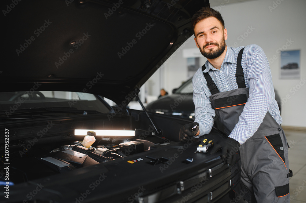 Poster Troubleshooting process. Auto mechanic working in garage. Repair service