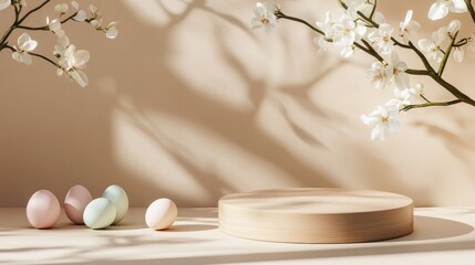 Empty wooden podium in gentle setting with pastel Easter eggs and blooming spring branches on beige background. Perfect for presenting Easter products