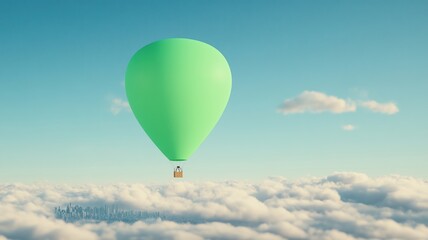 Fototapeta premium Green Screen Panel in Weather Balloon Gondola Above Clouds Floating Over City with Blue Sky and Clouds Scenic Background