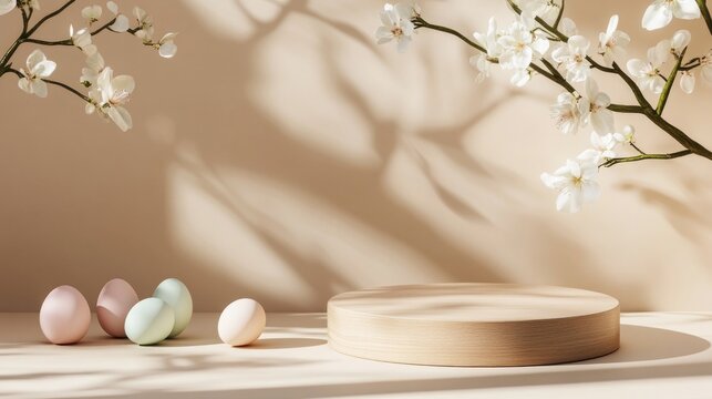 Empty wooden podium in gentle setting with pastel Easter eggs and blooming spring branches on beige background. Perfect for presenting Easter products