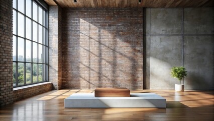 Sunlit Industrial Loft Interior with Wooden Display Platform