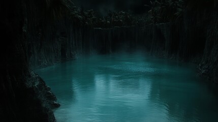 Mysterious Lagoon in Dark Tropical Canyon at Night