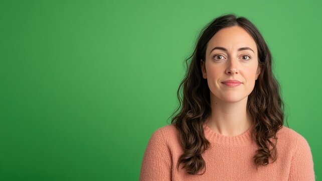Woman with Curly Hair in Peach Sweater Posing in Front of Bright Green Screen for Calligraphy Workstation Photography