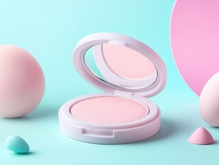 Compact Powder mockup. A soft pink cosmetic powder compact with a mirror, surrounded by pastel eggs on a turquoise background.