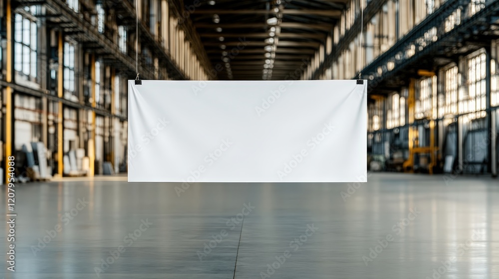 Poster blank banner hanging in an industrial warehouse setting surrounded by sturdy structures and ambient 