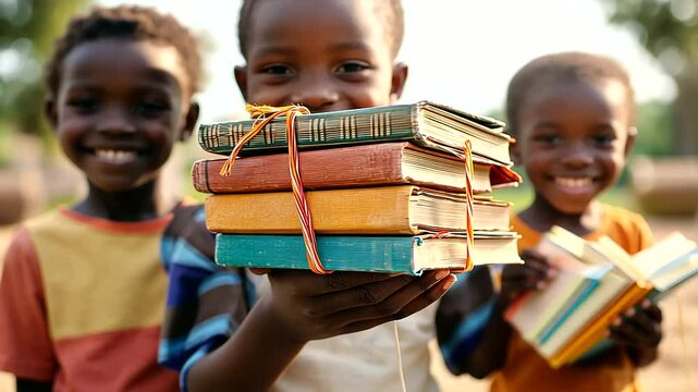 Stack of books being given to children for education and knowledge, symbolizing learning, literacy, childhood development, academic growth and educational support