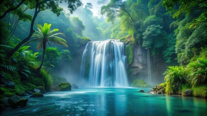 Fototapeta premium Aqua falls from a misty waterfall in the middle of a jungle, waterfall, tropical, natural, outdoors