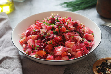 A bowl with Vinegret salad, a typical Russian dish