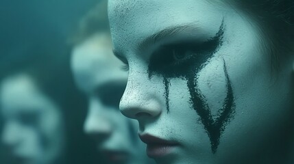 Mysterious Painted Faces Underwater Scene