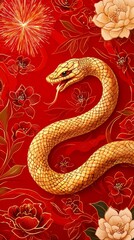 A golden snake slithers against a vibrant red background adorned with flowers, creating a striking and decorative design.