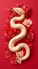 Obraz premium A sculptural white snake intertwined with vibrant red flowers against a bold red backdrop, creating a striking and elegant visual composition.