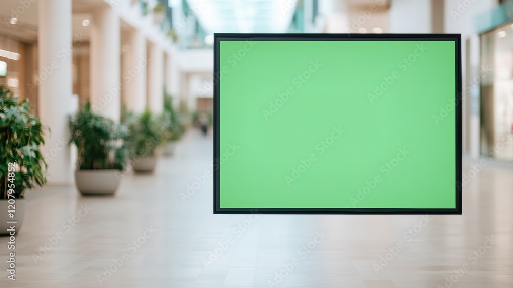 Aufkleber green screen display in shopping mall corridor with blurred background for custom content and modern