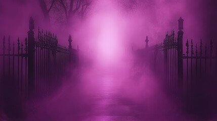 Mysterious Purple Fog Envelops Ornate Iron Gate