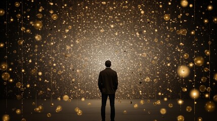 A person staring at an abstract symbol of confuse, with ample space on the left or right side, soft light backgroundgenerative ai illustration