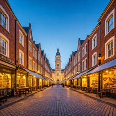 Fototapeta premium Charming cobblestone street leading to historic church at twilight in exeter