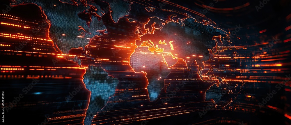 Poster vibrant digital world map with glowing data streams and bright connections.