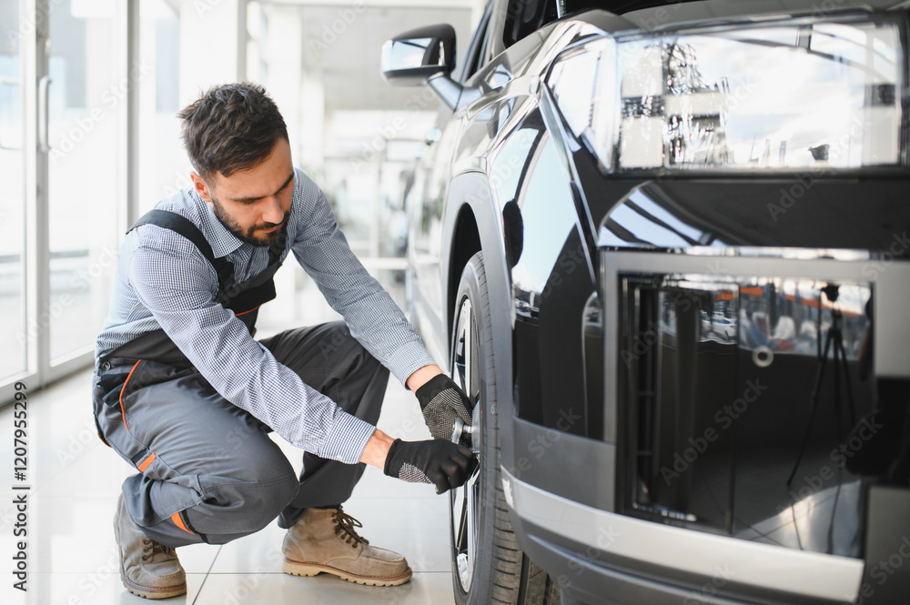 Fototapete Car mechanic working in garage and changing wheel alloy tire. Repair or maintenance auto service. Replacement of winter and summer tires