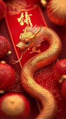 Fototapeta premium A vibrant golden dragon slithers over red decorations, symbolizing prosperity and good fortune, surrounded by festive lanterns.