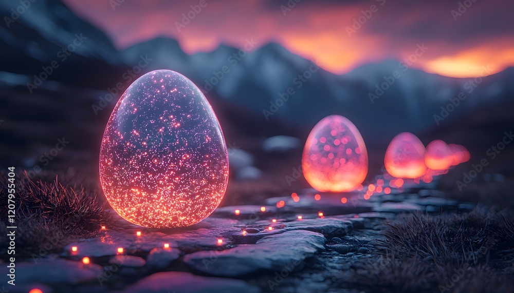 Poster glowing crystal eggs lined on a pathway at dusk surrounded by mountains and a vibrant sunset in the 