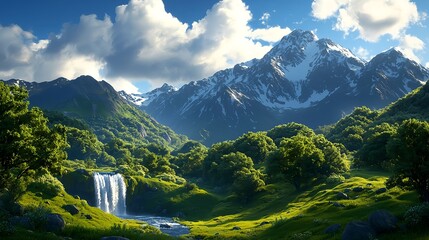 Fototapeta premium Serene Mountain Landscape with Lush Green Valleys and Waterfall