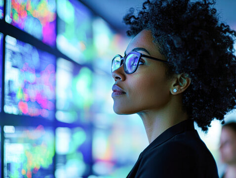 Data analysis event professional woman in technology office close-up