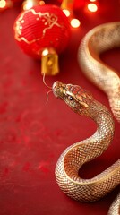 Obraz premium A close-up of a snake coiling gracefully next to a festive red lantern, evoking a warm, celebratory atmosphere with soft lights.