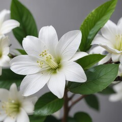 Fototapeta premium Close-up of white vanilla flower with stamen and green leaves, blooming, nature, beauty, botanical