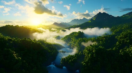 Fototapeta premium Serene Sunrise Over Misty Mountain Valley in Lush Green Landscape