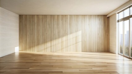 Sunlit Empty Room with Wood Walls and Floor, Ideal for Interior Design Mockups