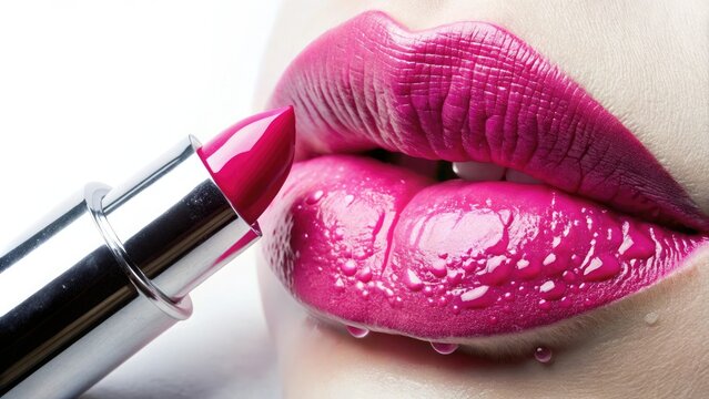 Close-up of pink lipstick with subtle drips on a white background, cosmetics, color splatter, bold color