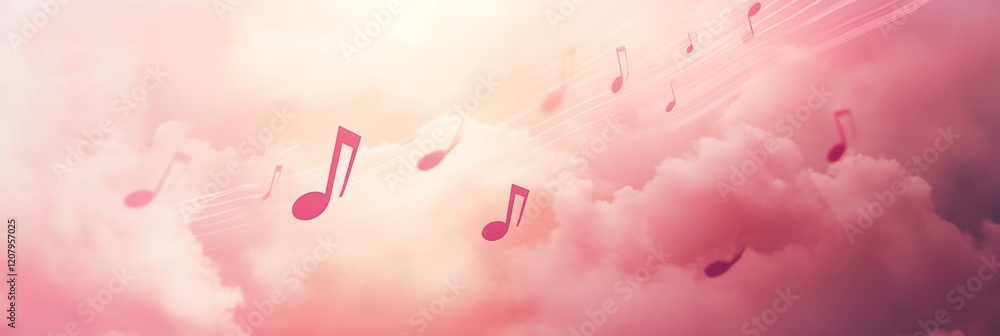 Poster musical notes are floating on pink clouds, creating a dreamy and inspiring atmosphere, symbolizing t