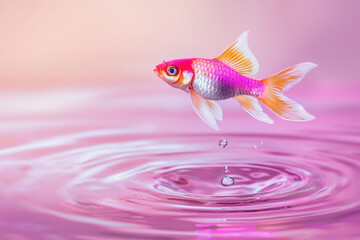 A single colorful fish falling into the water, creating ripples that spread out like magic. High-definition photography style. a pink background behind it. It has clear details and high resolution.