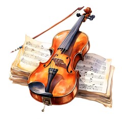 Naklejka premium Violin With Music Sheets clipart. Watercolor illustration. Watercolor-Style Digital Design illustration