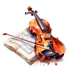 Fototapeta premium Violin With Music Sheets clipart. Isolated Watercolor Element illustration. Detailed illustration