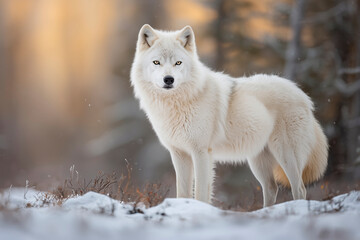 Fototapeta premium Majestic White Wolf in Snowy Winter Wonderland - A Captivating Portrait of Wildlife in the Arctic