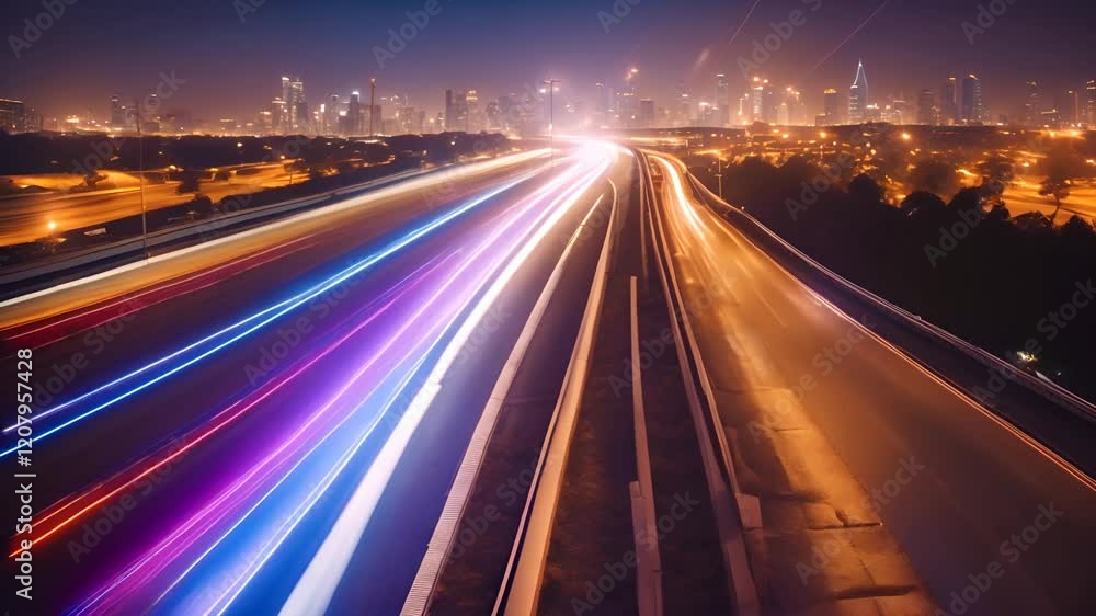 Aufkleber light trails are speeding across a highway at night with glowing dots on the side creating a futuris