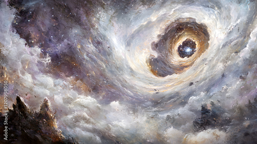 Poster a digital rendering of a space-time anomaly, where light beams stretch and bend across the void, rep