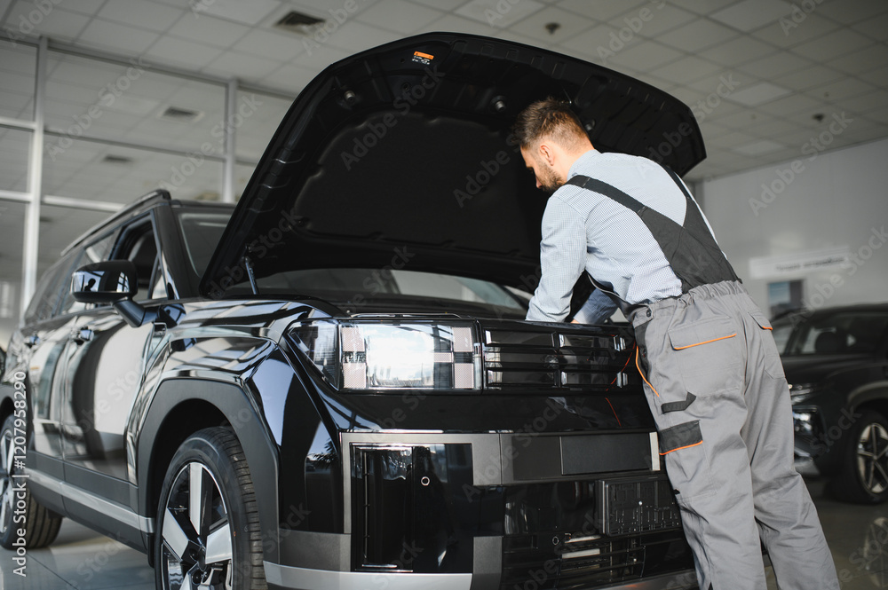 Aufkleber troubleshooting process. auto mechanic working in garage. repair service